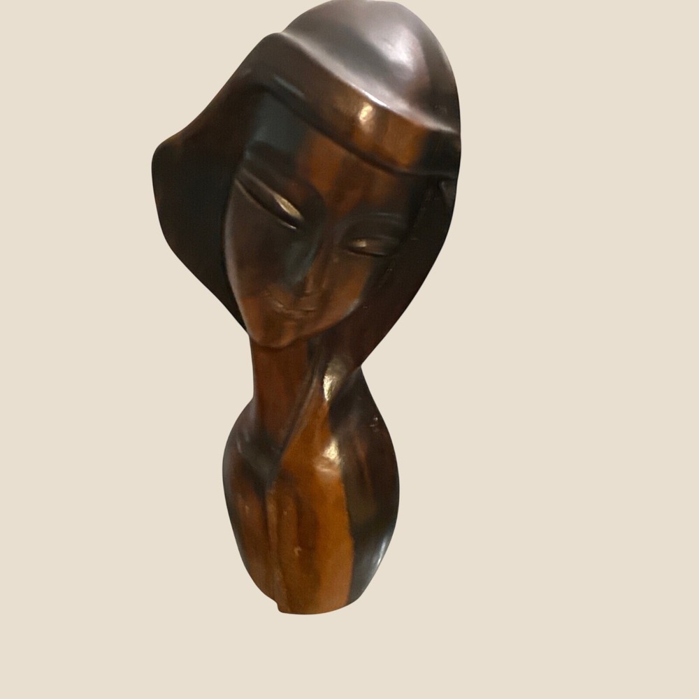 Vintage Hand Carved Wood Bust Woman Head Sculpture Mid Century Modern Folk Art